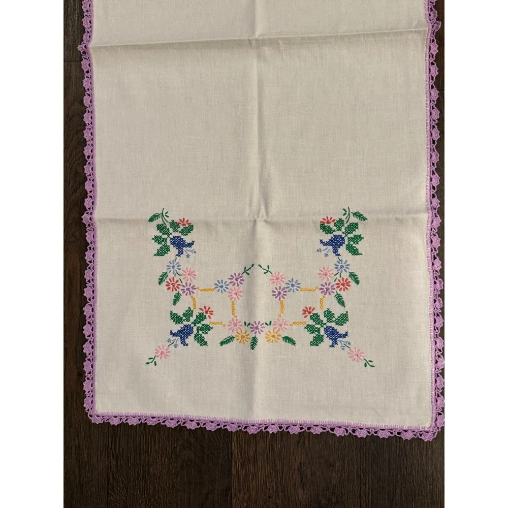 Vintage 42 X 19 Embroidered Floral Cross Stitch Table Runner Purple Crochet Trim
